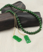 Women Tea Green Sterling Silver Overgild Jade Beading Double Happiness Tassel Pendant Necklace