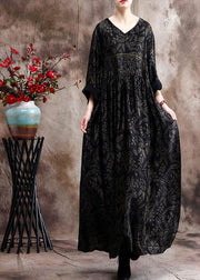 Luxy V Neck Black Print Silk Satin Dresses - bagstylebliss