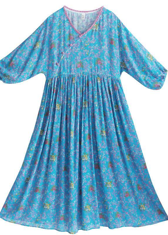Women V Neck Cinched Spring Clothes Runway Blue Print Robes Dress - bagstylebliss