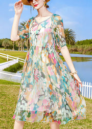 Women V Neck Multi Print Wrinkled Layered Chiffon Mid Dress Short Sleeve