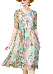 Women V Neck Multi Print Wrinkled Layered Chiffon Mid Dress Short Sleeve