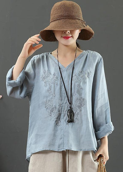 Women V Neck Spring Tunic Pattern Work Blue Embroidery Blouses - bagstylebliss