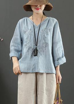 Women V Neck Spring Tunic Pattern Work Blue Embroidery Blouses - bagstylebliss