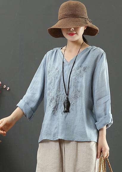 Women V Neck Spring Tunic Pattern Work Blue Embroidery Blouses - bagstylebliss