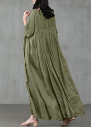 Women Vintage Cotton Solid Color Pleats Half Sleeve Swing Maxi Dresses