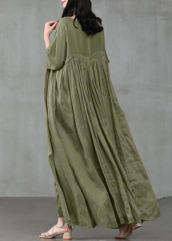 Women Vintage Cotton Solid Color Pleats Half Sleeve Swing Maxi Dresses