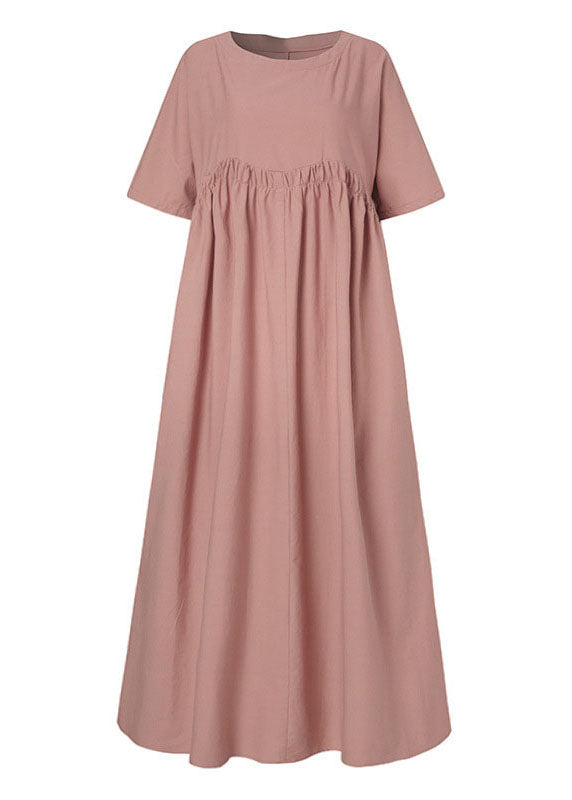 Women Vintage Cotton Solid Color Pleats Half Sleeve Swing Maxi Dresses