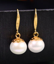 Women White 14K Gold Pearl Ball Drop Earrings