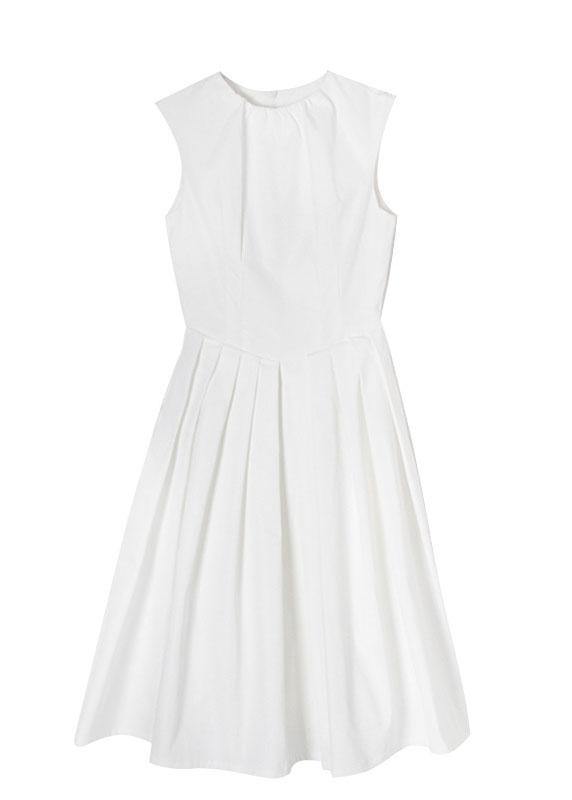 Women White Cinched Sleeveless Holiday Summer Cotton Dress - bagstylebliss