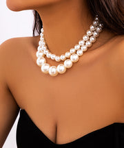 Women White Double Layered Pearl Detachable Collar Necklace