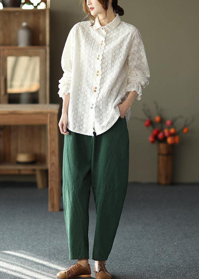 Women White Embroidery shirts Lapel white button loose Spring blouse - bagstylebliss