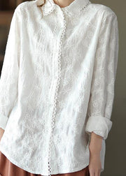 Women White Embroidery shirts Lapel white button loose Spring blouse - bagstylebliss