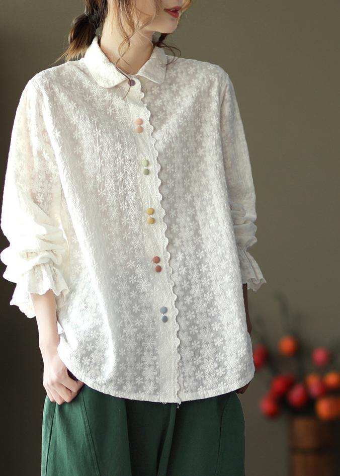 Women White Embroidery shirts Lapel white button loose Spring blouse - bagstylebliss