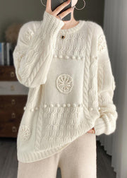 Women White O-Neck Floral Cozy Cashmere Knit Sweater Long Sleeve