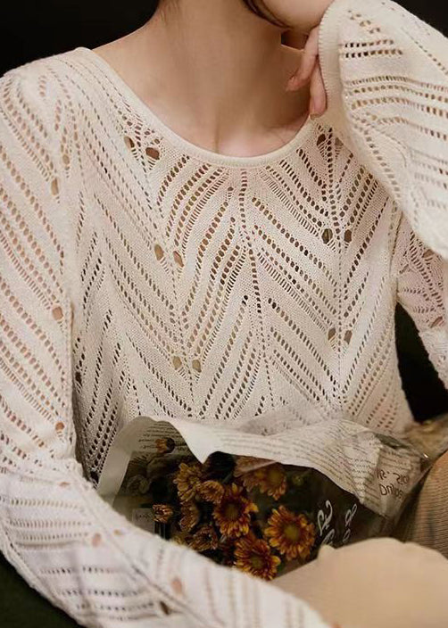 Women White O Neck Hollow Out Patchwork Knit Top Long Sleeve