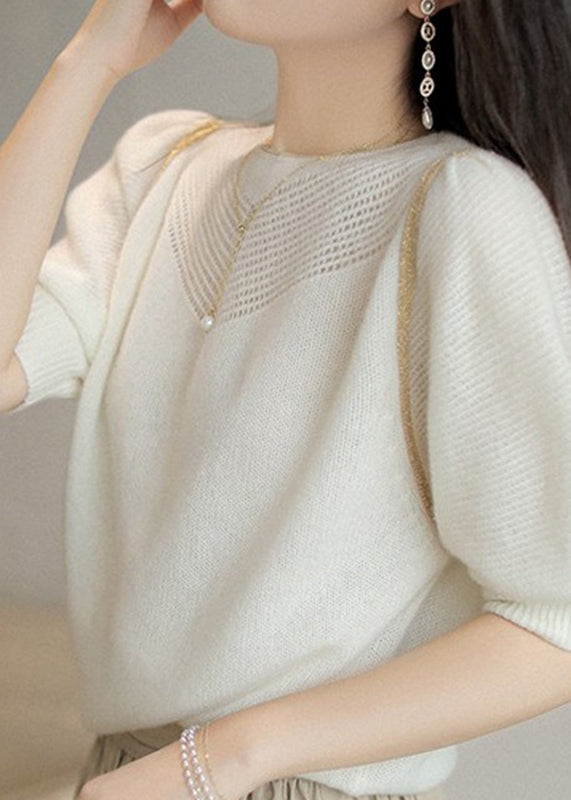 Women White O-Neck Hollow Out Wool Sweaters Puff Sleeve