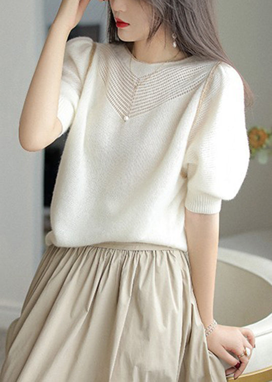 Women White O-Neck Hollow Out Wool Sweaters Puff Sleeve