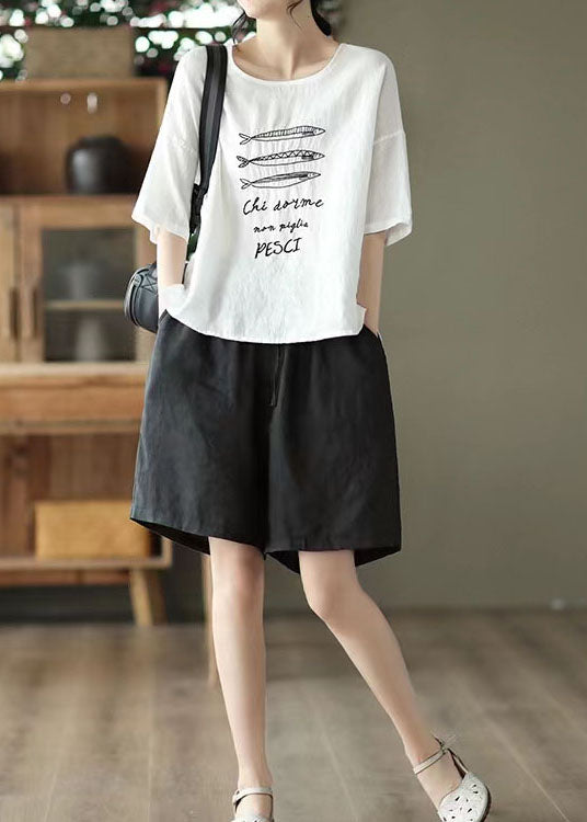 Women White O Neck Patchwork Linen T Shirt Summer