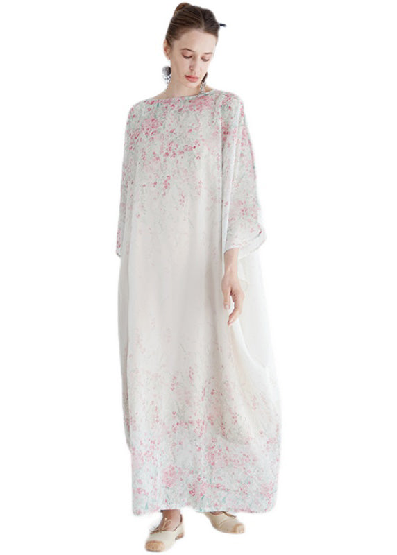 Women White O Neck Print Cotton Robe Dresses Summer