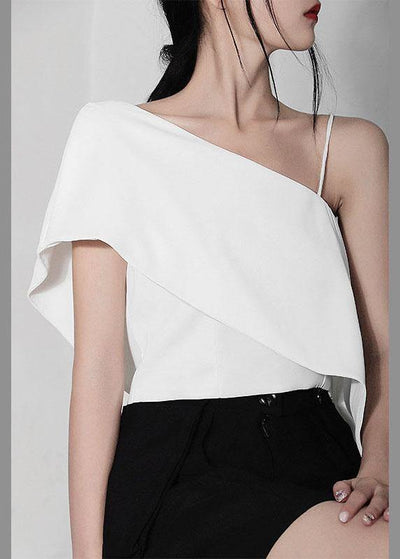 Women White One Shoulder Chiffon Tank Summer - bagstylebliss