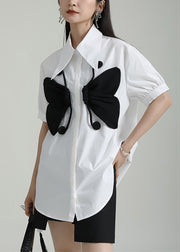 Women White Peter Pan Collar Butterfly Patchwork Cotton Shirts Top Summer