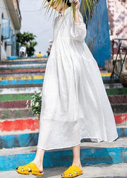 Women White Peter Pan Collar Button Vacation Summer Linen Dress - bagstylebliss