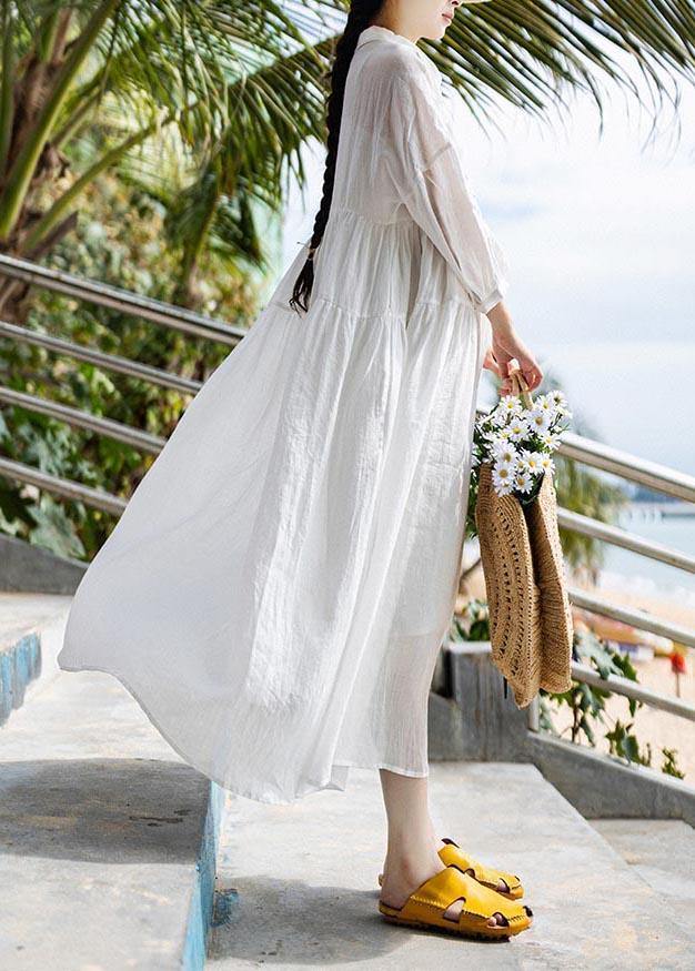 Women White Peter Pan Collar Button Vacation Summer Linen Dress - bagstylebliss