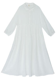 Women White Peter Pan Collar Button Vacation Summer Linen Dress - bagstylebliss