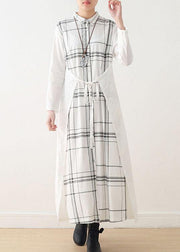 Women White Plaid Peter Pan Collar long Shirts Fall Party Dress - bagstylebliss