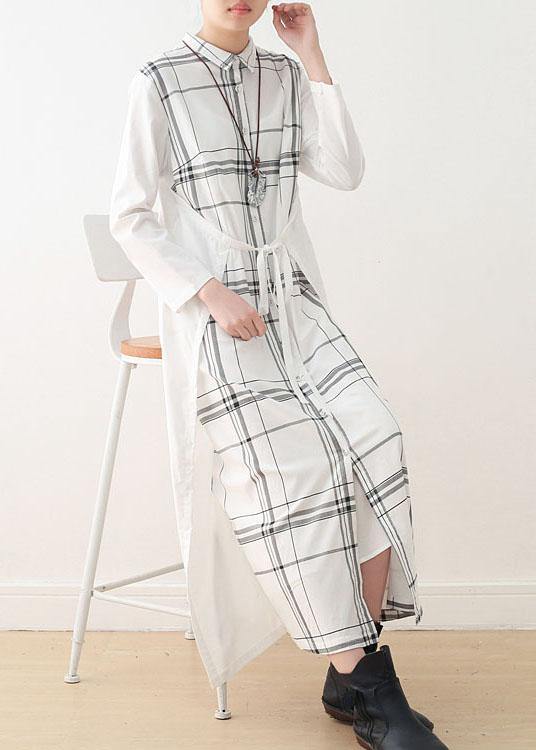 Women White Plaid Peter Pan Collar long Shirts Fall Party Dress - bagstylebliss