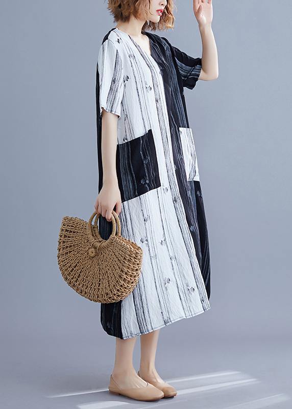 Women White Print V Neck Turn-down Collar Summer Maxi Dress - bagstylebliss