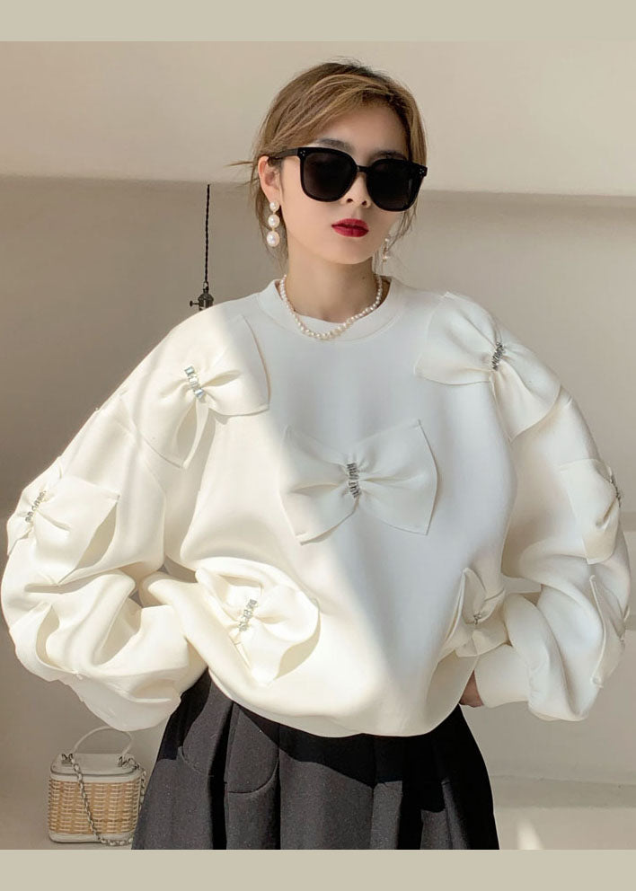 Women White Puff Sleeve Cotton Loose Sweatshirts Top Spring