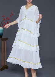 Women White Ruffled Patchwork Chiffon Beach Dress Summer