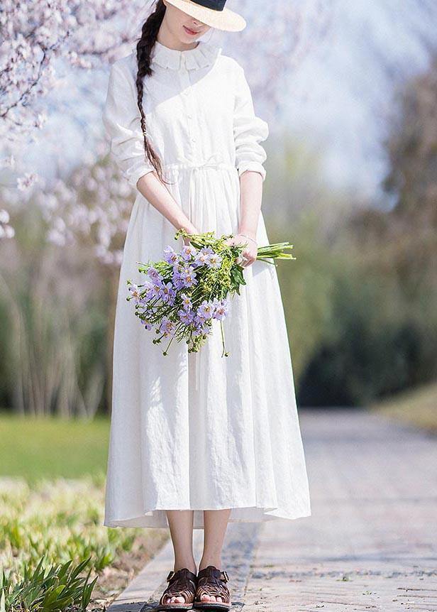 Women White Ruffles Pockets Summer Linen Dress - bagstylebliss