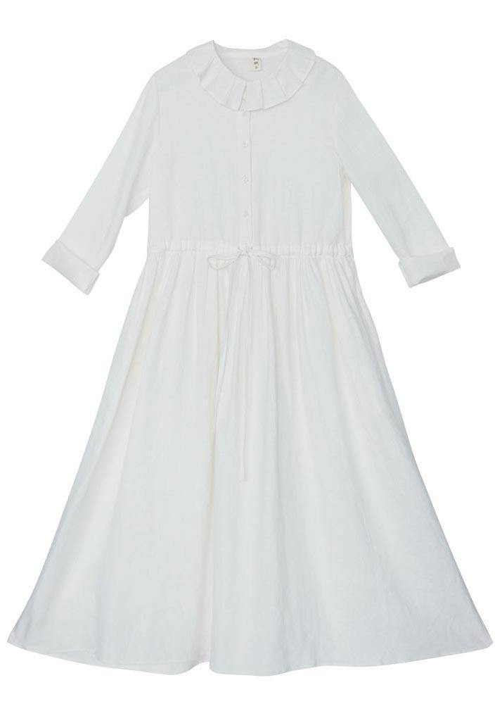 Women White Ruffles Pockets Summer Linen Dress - bagstylebliss
