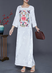 Women White Square Collar Embroidered Silk Ankle Dress Fall