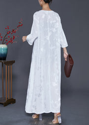 Women White Square Collar Embroidered Silk Ankle Dress Fall