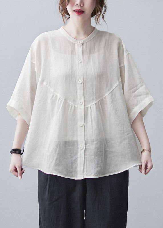 Women White Stand Collar Button Summer Cotton Linen Blouses - bagstylebliss