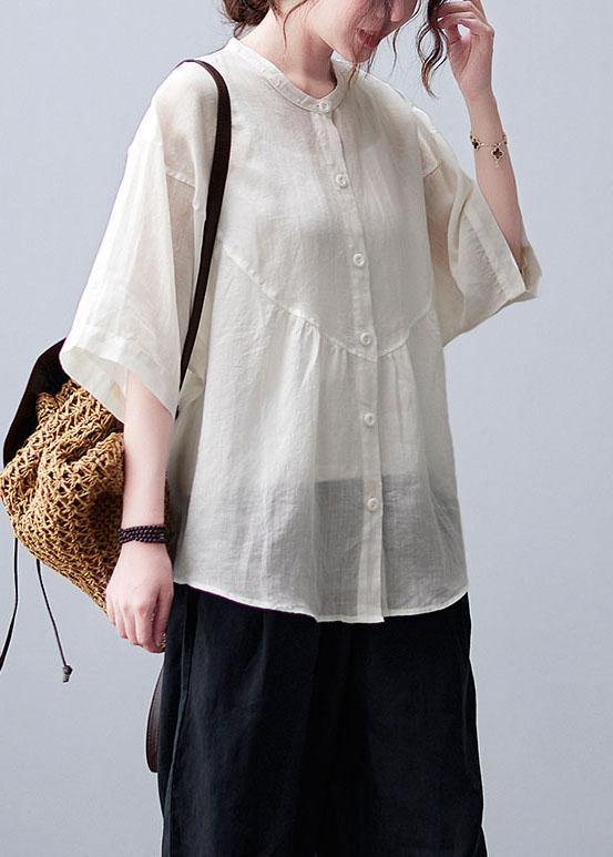 Women White Stand Collar Button Summer Cotton Linen Blouses - bagstylebliss