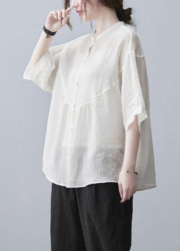 Women White Stand Collar Button Summer Cotton Linen Blouses - bagstylebliss