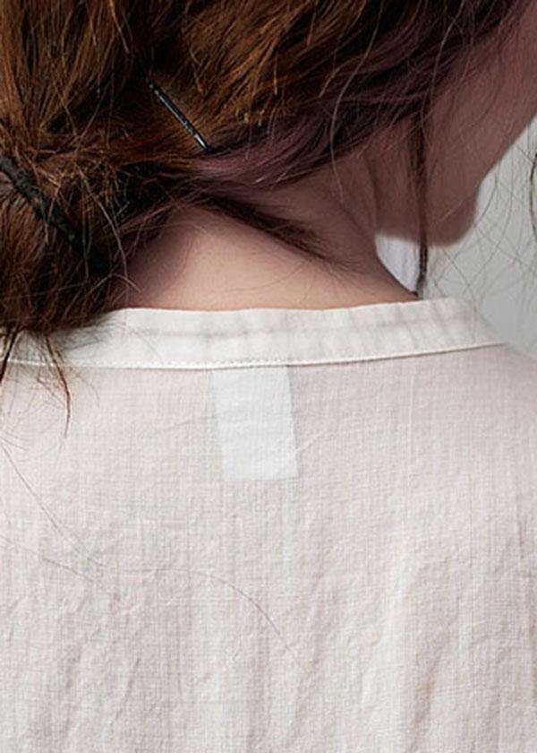 Women White Stand Collar Button Summer Cotton Linen Blouses - bagstylebliss