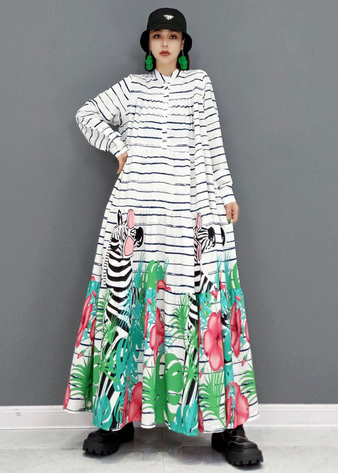 Women White Stand Collar Striped Print Cotton Party Long Dress Long Sleeve