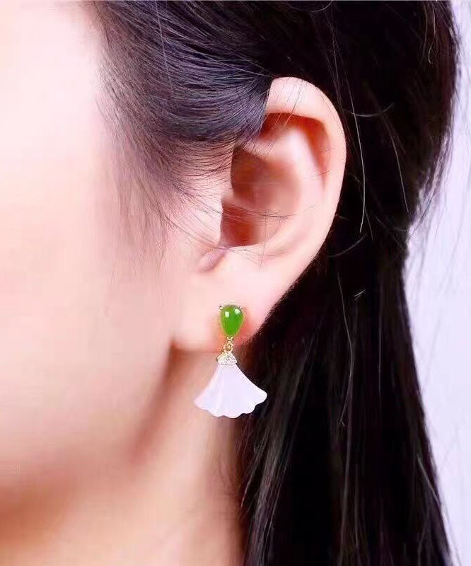 Women White Sterling Silver Inlaid Jade Fan Shaped Drop Earrings