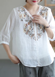 Women White V Neck Embroideried Linen Blouse Tops Half Sleeve