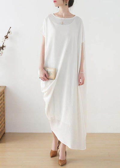 Women White asymmetrical design Linen Summer Long Dresses - bagstylebliss