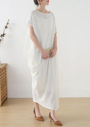 Women White asymmetrical design Linen Summer Long Dresses - bagstylebliss