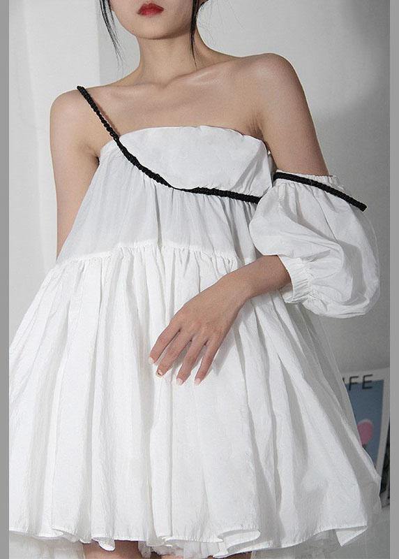 Women White asymmetrical design Puff Sleeve Cold Shoulder Cotton Spaghetti Strap Dress - bagstylebliss