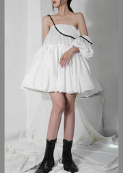 Women White asymmetrical design Puff Sleeve Cold Shoulder Cotton Spaghetti Strap Dress - bagstylebliss