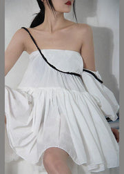 Women White asymmetrical design Puff Sleeve Cold Shoulder Cotton Spaghetti Strap Dress - bagstylebliss