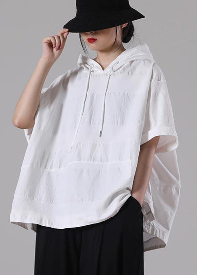 Women White hooded side open Cotton T Shirt Summer - bagstylebliss